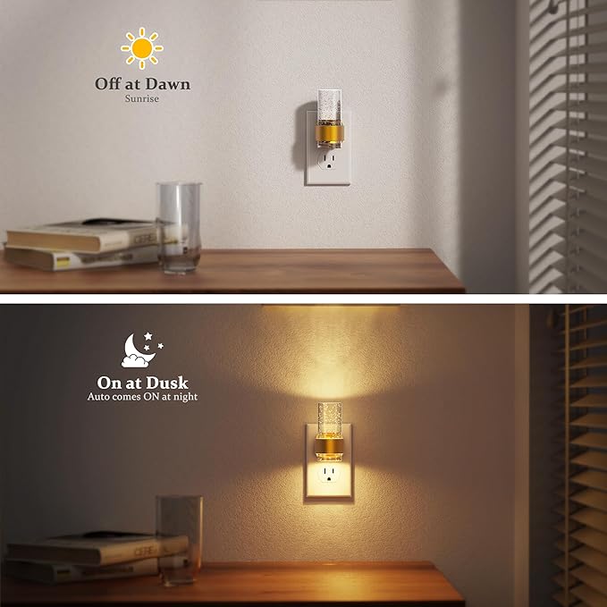 JandCase Night Lights Plug into Wall, Gold Night Light with 3 Colors, 2 Pack Dimmable Plug in Nightlight, Dusk to Dawn Sensor, Adjustable Brightness, 3000K/5000K/Amber for Bathroom Hallway Home Decor