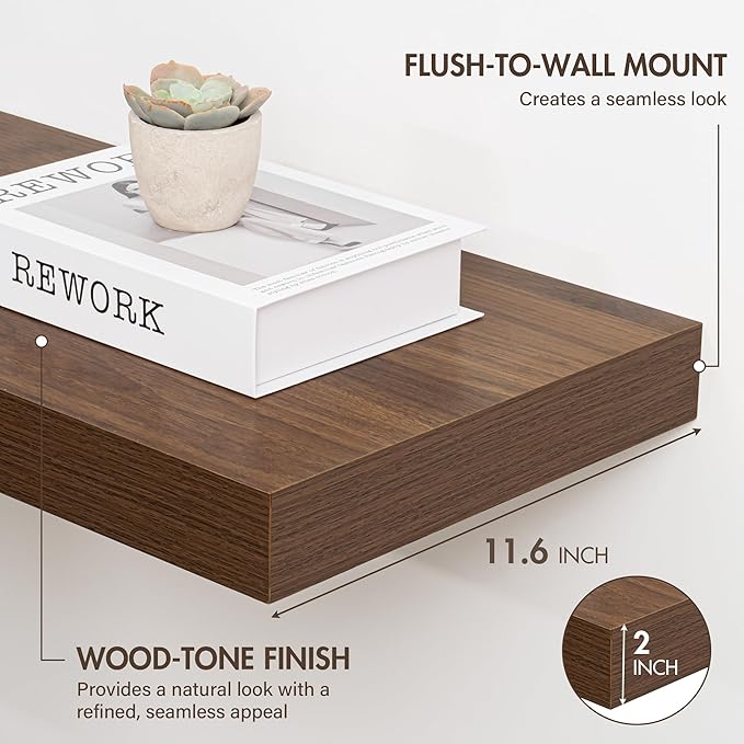 Acovy 40 Inch Floating Shelves, 12" Deep Floating Shelf Wall Mounted, 40" Wall Shelves, Rustic Deep Bookshelf, Extra Deeper & Thicker Display Shelves for Bedroom, Living Room, Walnut, Set of 2