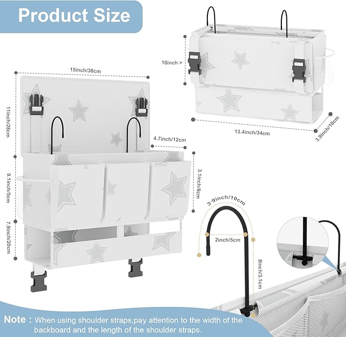 homyfort Bedside Caddy Organizer, Dual-Purpose Bedside Storage with Power Strip Holder, Versatile Bed Caddy with 11 Pockets for Bunk Bed, College Dorm, Home, Hospital, Fits Phones, Books, White
