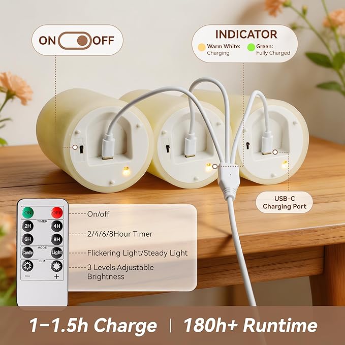Rechargeable Flickering Flameless Candles Melted Edge Battery Operated with Remote and Timer, Real Wax LED USB Type-C Pillar Candles, Set of 3 (3" x 4",5",6"), Ivory, Home Decor