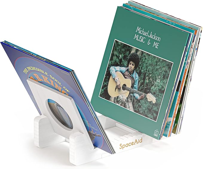 SpaceAid Bamboo Record Storage Holder Shelf, Holds Up to 50 Albums, 7 or 12 inch LPs, Stand Organizer Display, Gifts for Vinyl Lovers (White)