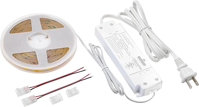 Maxxima 16.5 ft. COB LED Strip Light Spool, Plug-in Or Hardwired with Power Supply, 3000K Warm White, Dimmable, Self Adhesive Cuttable Rope Tape Light Roll for Bedroom, Kitchen and Mirror
