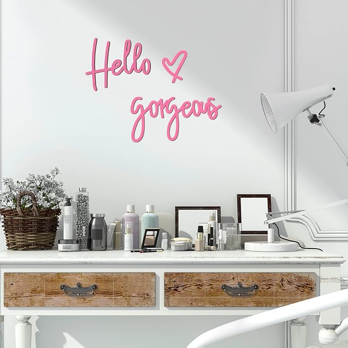 Blulu Hello Gorgeous Wall Decor Sign Hello Gorgeous Wall Art Minimalist Wooden Words Decor for Lash Room, Salon, Vanity or Makeup Room, Bathroom, Bedroom, Office(Pink)