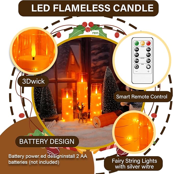 kakoya Flameless LED Candles with Timer 9 Pc Flickering Flameless Candles for Romantic Ambiance and Home Decoration Stable Acrylic Shell,with Embedded Star String，Battery Operated Candles（Orange）