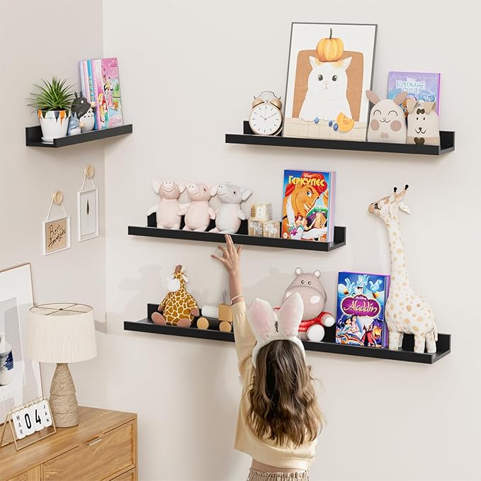 Heimlove Picture Ledge Shelf,24 inch Long Floating Shelves for Wall Set of 4,Black Picture Shelf with Lip for Wall Decor,Living Room,Bedroom,Bookshelf,Nursery,Perfume