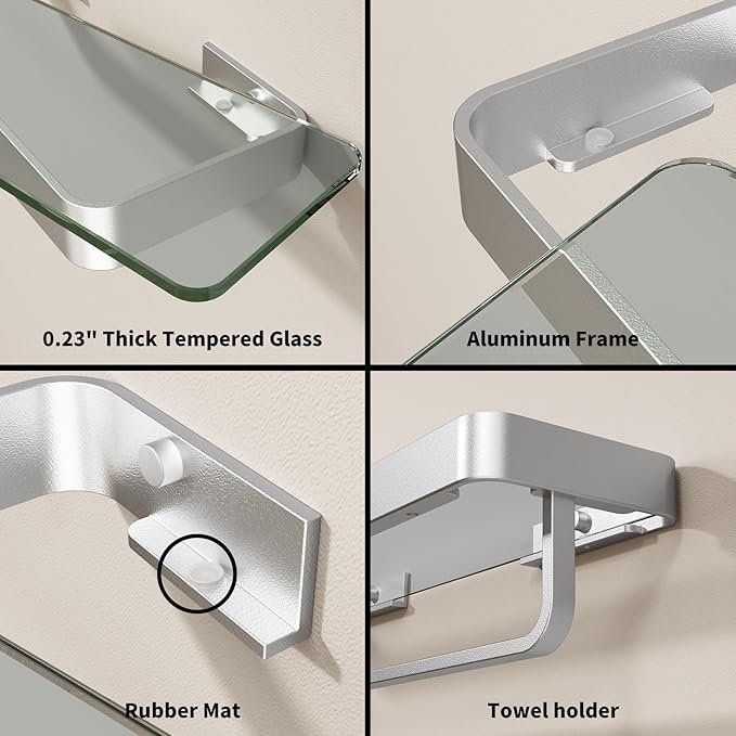Danpoo 20 Inch Long Floating Bathroom Shelf with Towel Bar, Clear Tempered Glass Wall Shelf for Bathroom Storage Organizer, Matte Silver