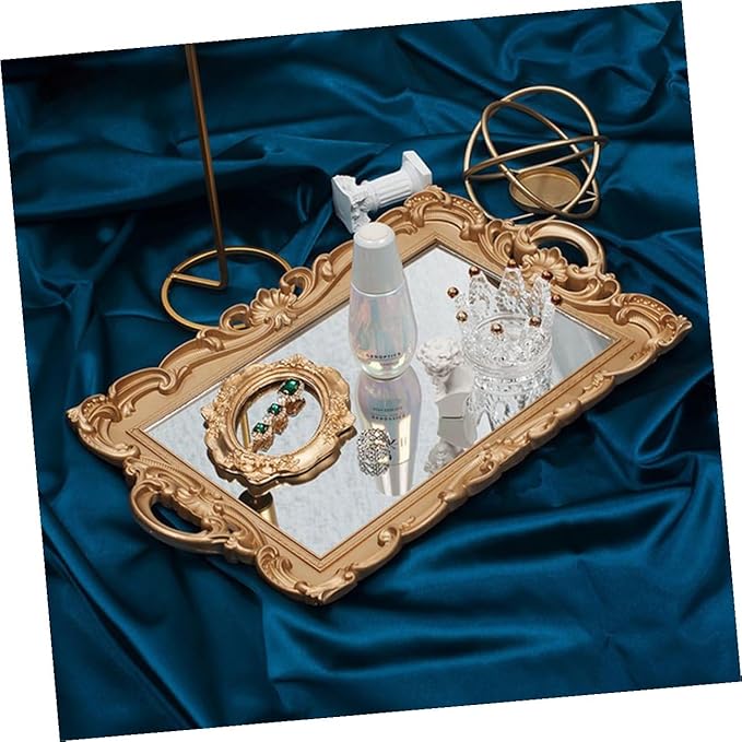 Vintage European Mirror Tray Decorative Makeup and Perfume Storage Organizer, Golden Rectangular Retro Cosmetic Display Plate for Vanity and Room Décor