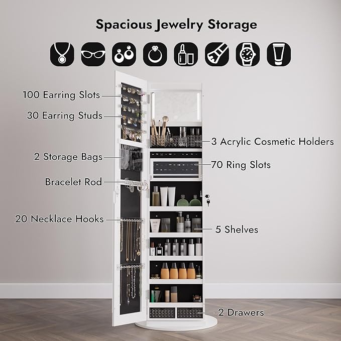 Zamildon's LED Mirror Jewelry Armoire, 360° Swivel Mirrored Jewelry Storage Cabinet with Interior LED Lights, Full Length Mirror Floor Standing Jewelry Organizer with Storage Shelves (White)