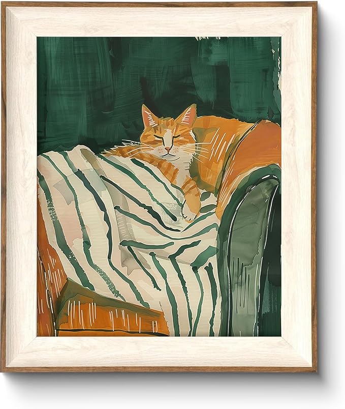ASTRDECOR Minimalist Framed Wall Art - Cozy Cat Sleeping on Couch with Vintage Green & White Striped Blanket, Trendy Cute Orange Cat Canvas Posters, Modern Aesthetic Bedroom Apartment or Living Room Décor 10x12Inch