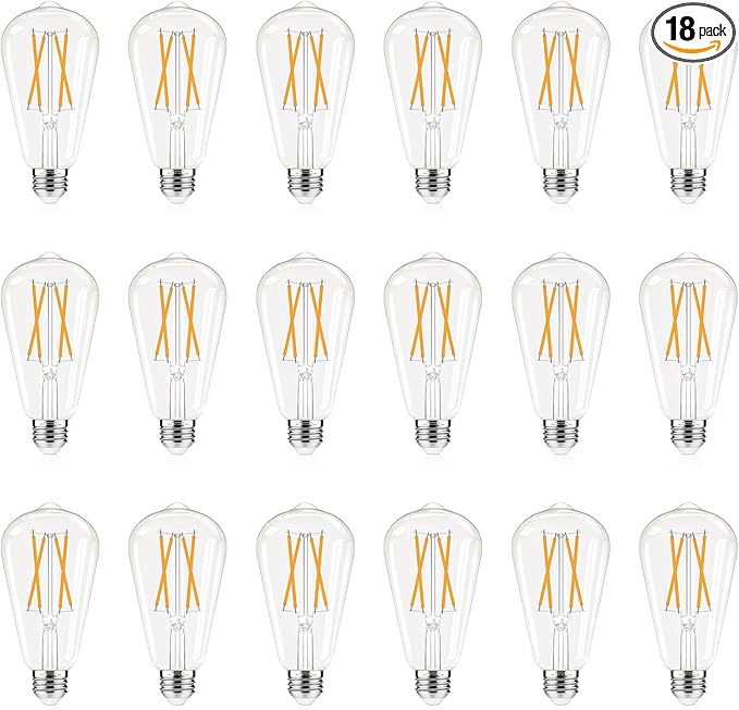 GvvooHome Dimmable E26 Edison Bulbs 2700K Warm White, 6W Equivalent to 60 watt E26 LED Bulb, ST58 Vintage Light Bulbs, 600LM, 90+ CRI, E26 Base, Clear Glass, 18 Pack