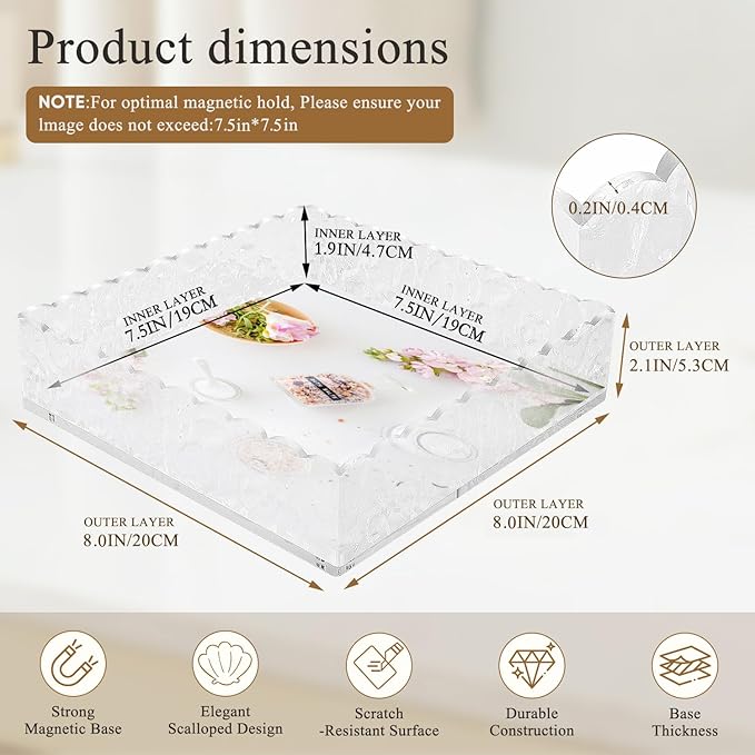 8"x8" Scalloped Acrylic Tray with Magnetic Mat - All-in-One Organizer for Jewelry, Makeup, Desk & Vanity, 2-in-1 as Tray & Photo Stand, for Women, Mom, Bride