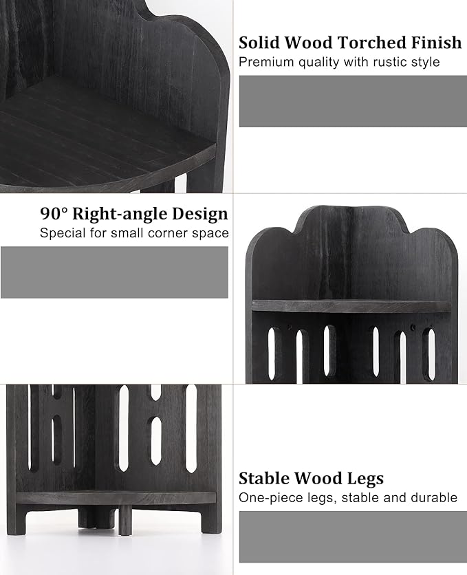Meangood Bathroom Corner Shelf Stand, 3 Tier Solid Wood Display Shelf for Narrow Space, Shower Corner Shelf, Plant Stand Nightstand, for Living Room, Bedroom, Home Office, Elegant Black
