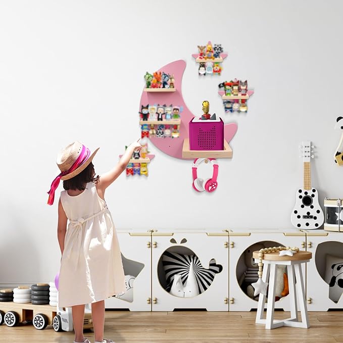 Taladad for Toniebox 2 and Toniebox 1 Tonie Shelf Wall Mounted Set of 4 (Moon and 3 Stars),Tonies Figures Tonies Storage,Magnetic Wooden Floating Shelves Compatible with Tonie Box Player Character