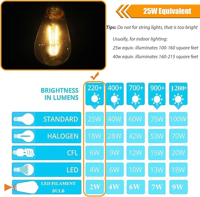 12 Pack 2W LED Edison Bulbs, 25 Watt Light Bulbs Equiv, 2700K Soft Warm with E26 Standard Base, LED ST19 Low Watt Light Bulbs, 250LM, Not-Dimmable, 120V