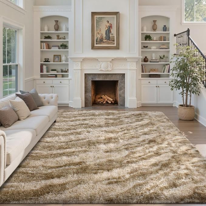 Area Rugs for Living Room 8x10 Feet, Soft Fluffy Shagg Plush Bedroom Rug Non-Slip,Large Carpet for Nursery Kids Dorm Home Decor Zebra Khaki