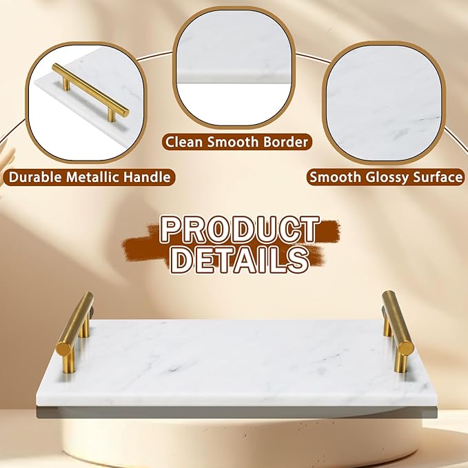 MAOPINER Marble Stone Decorative Perfume Tray with Copper Color Metal Handles, Handmade Jewellery Catchall Trinket Tray for Counter, Vanity, Dresser, Nightstand and Desk (White)