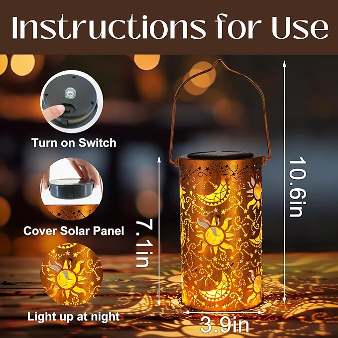 DIBIEECN Mothers Day Gifts for Mom, Birthday Gifts Grandma Ladies Solar Lanterns Outdoor Hanging Hollowed-Out Metal Waterproof LED Garden Decor Outside for Patio Yard Porch, Sun and Moon, 1 Pack