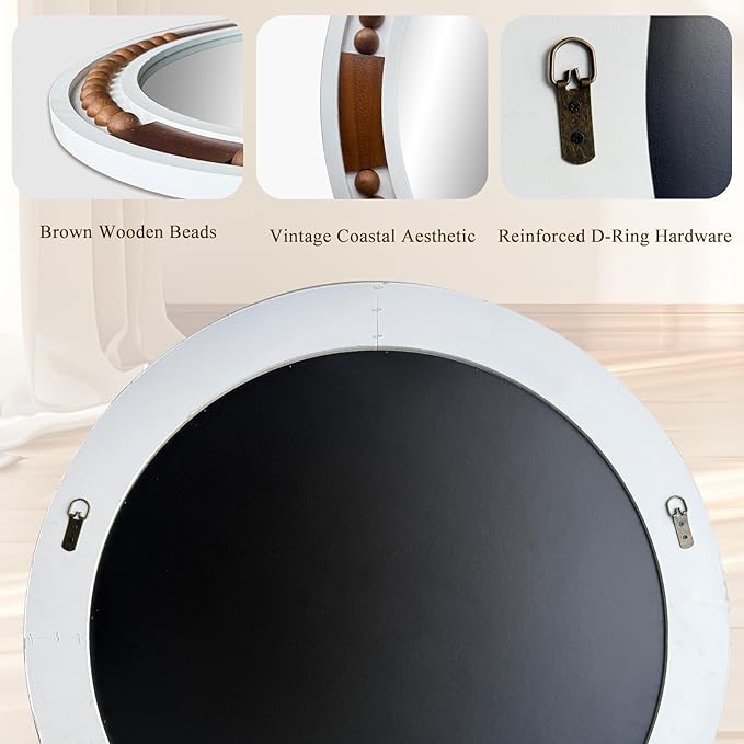 HQiJun 32 Inch Round Boho Wall Mirror, Large Rustic Coastal Wall Decor with White Wood Frame and Brown Bead Accents,Farmhouse Decorative Mirror for Entryway, Bedroom, Living Room
