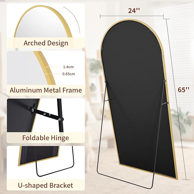 65" x 24" Arch Full Length Mirror - Floor Full Body Mirror with Aluminum Frame - Standing, Leaning or Hanging, for Bedroom, Living Room, Gold
