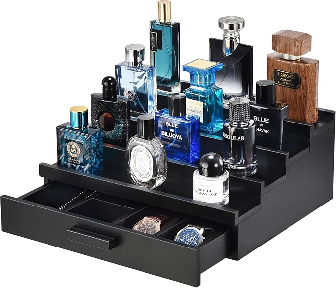 Perfume Organizer for Men, 4 Tier Wood Perfume Display Stand with Velvet Lining Drawer and Hidden Compartment for Watch,Jewelry,Perfume Display Risers,A Gift for Men (Black)