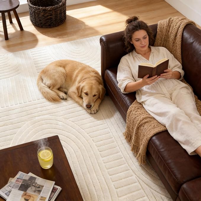 8x10 Extra Large Solid Color Area Rugs – Washable Living Room Rug, Durable Non-Slip Indoor Carpet with Soft High-Low Pile, Fluffy Floor Rugs for Bedroom, Kids Room, Nursery, Home Décor, Beige