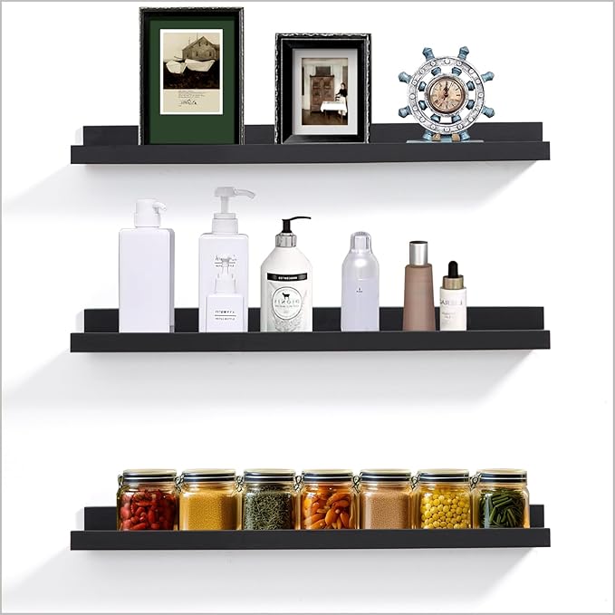 AZSKY Floating Picture Ledge Shelves for Wall Set of 3, 24 Inch Shelves with Lip Long Large Nursery Book Shelf for Storage Bookshelf Wall Mounted Living Room Bedroom Decor Frames(Black)