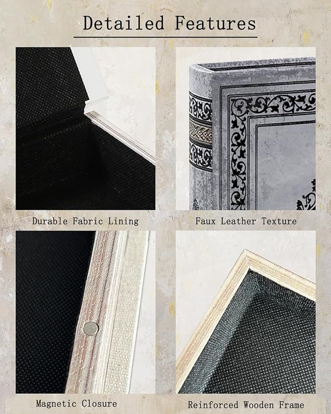 Decorative Wooden Book Box - Vintage Faux Book Boxes for Home Decor, Secret Storage with Magnetic Closure, Antique Style, Grey Leather Cover Design, Perfect for Home Office Bookshelf 10x7x1.6 Inches