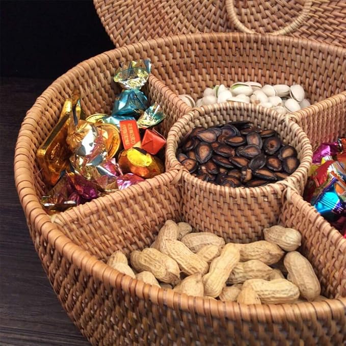 Woven Wicker Round Baskets with Lid Divided Rattan Sundries Box 29cm for Dried Fruit Nuts Bowl Keys Jewelry Makeup Counter Organizer