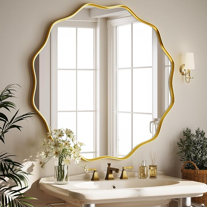 Round Wavy Mirror 42 Inch Bathroom Vanity Mirror Metal Frame Circle Wall Mounted Mirror for Bedroom Living Room Entryway Gold