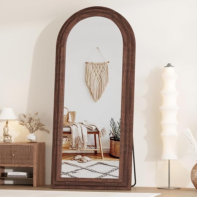 ZHUNFA External Three-Layer Arched Full Length Mirror with Solid Wood Frame,65x22 Modern Farmhouse Decor Standing Mirror Full Length,Wall Mounted,Leaning,Standing for Bedroom,Living Room,Brown.