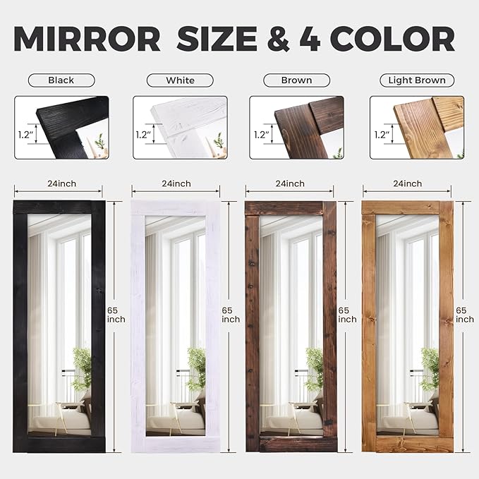 Full Length Mirror 65"x24" – Solid Wood Frame, HD Tempered Glass, Wall Mounted & Leaning, Rustic Modern Decor for Bedroom, Living Room, Entryway, Black