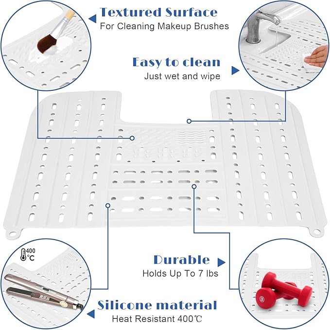 Bathroom Sink Cover for Counter Space, Heat-Resistant Silicone Sink Cover for Makeup Foldable Makeup Mat with Hanging Loop, Space Saver Sink Organizer Mat for Bathroom, 22 * 17" White