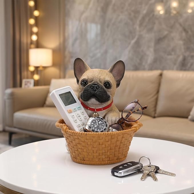 Cute French Bulldog Candy Bowl, Resin Dog Figurine Key Bowl for Entryway Table, Desktop Storage Basket Organizer for Desk, Unique Dog Lover Gift