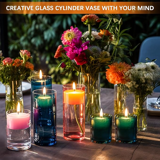 Homjoy Glass Cylinder Vase Sets 16 Pack Tall Clear Flower Vase Hurricane Floating Candle Holder for Table Centerpiece Wedding Home Décor(2.17 x 4IN + 2.56 x 6IN + 3.15 x 8IN + 3.55 x 10IN)
