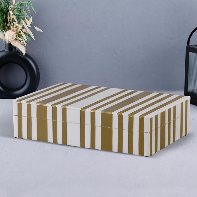 Handicrafts Home Large Decorative Storage Box with Lid– 8x5x2” Coffee Table Organizer, Keepsake-Decorative Boxes for Home Decor, Stylish Decorative Box for Office Décor-Ivory Stripped