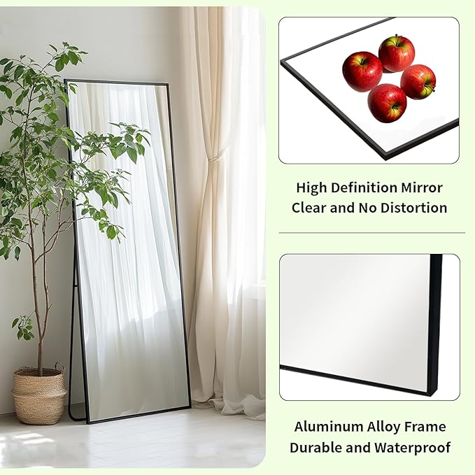 Sunniry Floor Length Mirror, Wall Mirror Full Length with Aluminum Metal Frame, Floor Mirrors for Nursery, Baby Room, Bathroom, Entryway. (48x16 inch, Black)