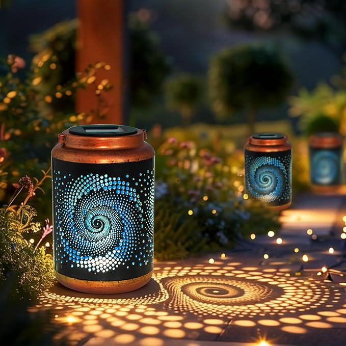 DIBIEECN Mothers Day Gifts for Mom, Birthday Gifts Grandma Ladies Solar Lanterns Outdoor Hanging Hollowed-Out Metal Waterproof LED Garden Decor Outside for Patio Yard Porch, Blue, 1 Pack