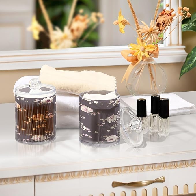 Nander 2Pack Retro Purple Rose Qtip Holder Dispenser -Clear Plastic Apothecary Jars Set - Restroom Bathroom Makeup Organizers Containers for Cotton Swab, Ball, Pads, Floss