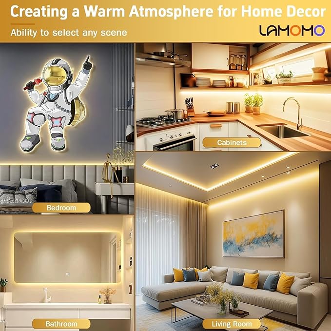Lamomo COB LED Strip Lights Pro, 16.4Ft Warm White Dimmable Self-Adhesive Led Rope Light with Remote, Flexible Cuttable Waterproof 3000K Silicone Neon Tape Lights for Bedroom, Indoor, Outdoor,Cabinet