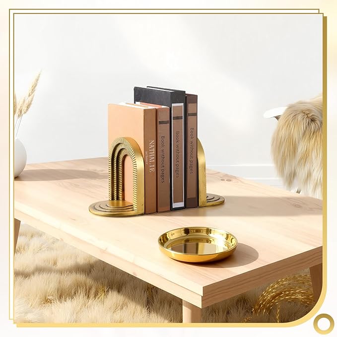 Kathfly Vintage Gold Brick Arch Bookends Resin Book Ends for Shelves Heavy Duty Decorative Bookends, Cute Book Stopper Holder Decor for Desk Home Office, Shelf Decoration