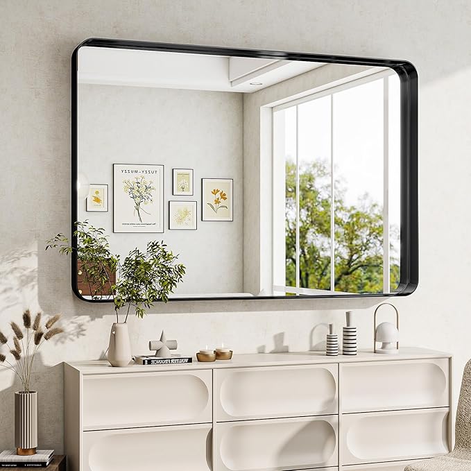 Bathroom Mirrors for Over Sink 24 x 32 Inch Rounded Rectangle Bathroom Vanity Mirror Bathroom Mirror for Wall Hangs Horizontally or Vertically for Living Room Bedroom Entryway Black