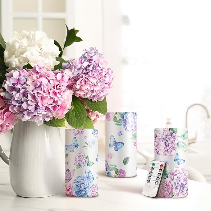 ROCEEI 3 Pcs Spring Flameless Candles Hydrangea Decoration Butterfly LED Candles with Remote Timer Battery Operated Flickering Floral Candle Real Wax Table Centerpiece for Home Easter Wedding Decor