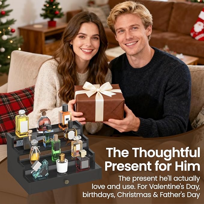 MODOWEY Perfume Organizer Cologne Holder Stand for Men, Wooden Wide-Spaced Shelf with Drawer, 4 Tier Large Capacity Storage Rack for Dresser Countertop, for a Neat, Accessible Fragrance Display, Black