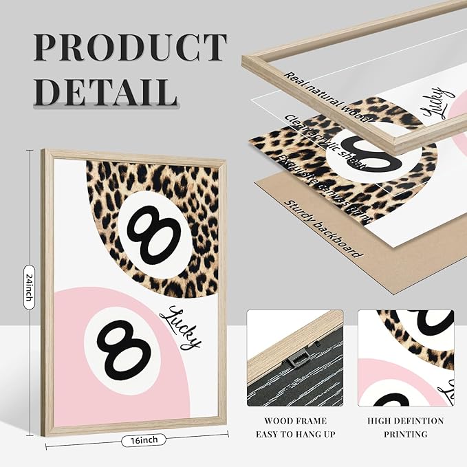Trendy Leopard Wall Art Cheetah Print Canvas Wall Decor 8 Ball Poster Preppy Room Aesthetic Pictures Funky Coquette Vintage Prints Y2k Fashion Lucky Posters for Bedroom 16x24x3 Inch Framed