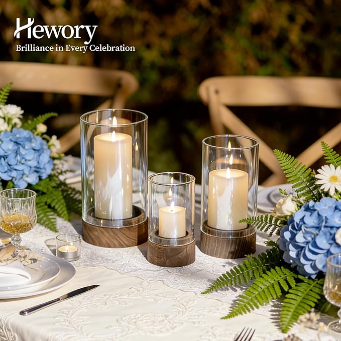 Hewory Hurricane Glass Candle Holder : Set of 3 Rustic Brown Candle Holders for Pillar Candles, Vintage Decorative Wood Stand with Clear Glass for Weddings,Christmas,Table Centerpiece,Home Decor