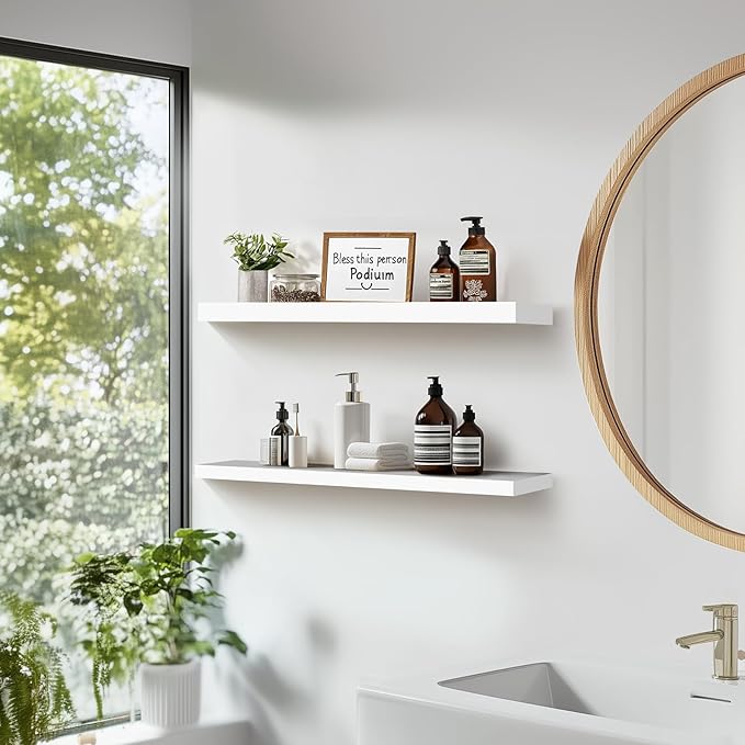 Floating Wall Shelves 2-Pack - Rustic White 16-inch Wooden Wall Shelves for Storage and Décor, Multi-Functional and Easy to Install for Living Room, Bedroom, and Kitchen