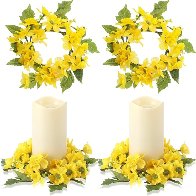 Daifunli 2 Pcs Spring Yellow Daisy Candle Ring Vibrant Floral Candle Wreath Ring for Pillar 3.9 Inch Candles Holder for Wedding Season Dining Table Centerpiece Decor