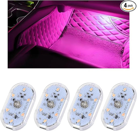 4 PCS Car LED Lights Interior Wireless, Super Bright Auto Interior Ambient Light with 6 Bright LED Lamp Beads, Portable USB Rechargeable Car Led Night Light for Vehicle Decor(Pink)