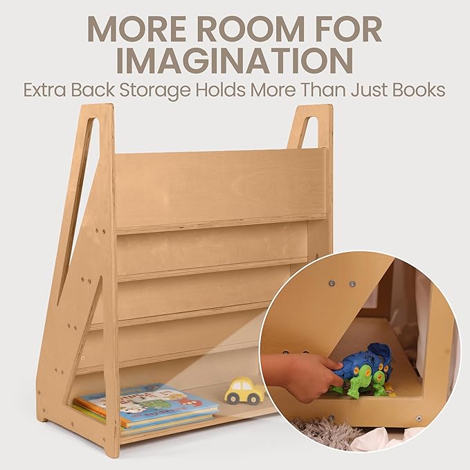 Kids Bookshelf Organizer, Montessori Front-Facing Wooden Bookcase for Toddlers, 5-Tier Children's Book Storage with Deep Shelves — Pink, Blue, Natural Wood (Brown)