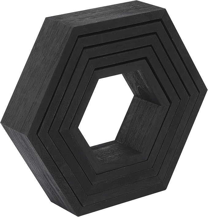 WONFUlity Hexagon Floating Shelves Honeycomb Shelves Wall Mounted Wood Farmhouse Storage Wall Shelf for Bathroom, Kitchen, Bedroom, Living Room,Driftwood Finish Decor, Black